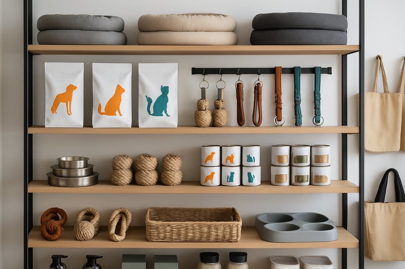 Pet supplies displayed in a modern retail setting Pet supplies displayed in a modern retail setting