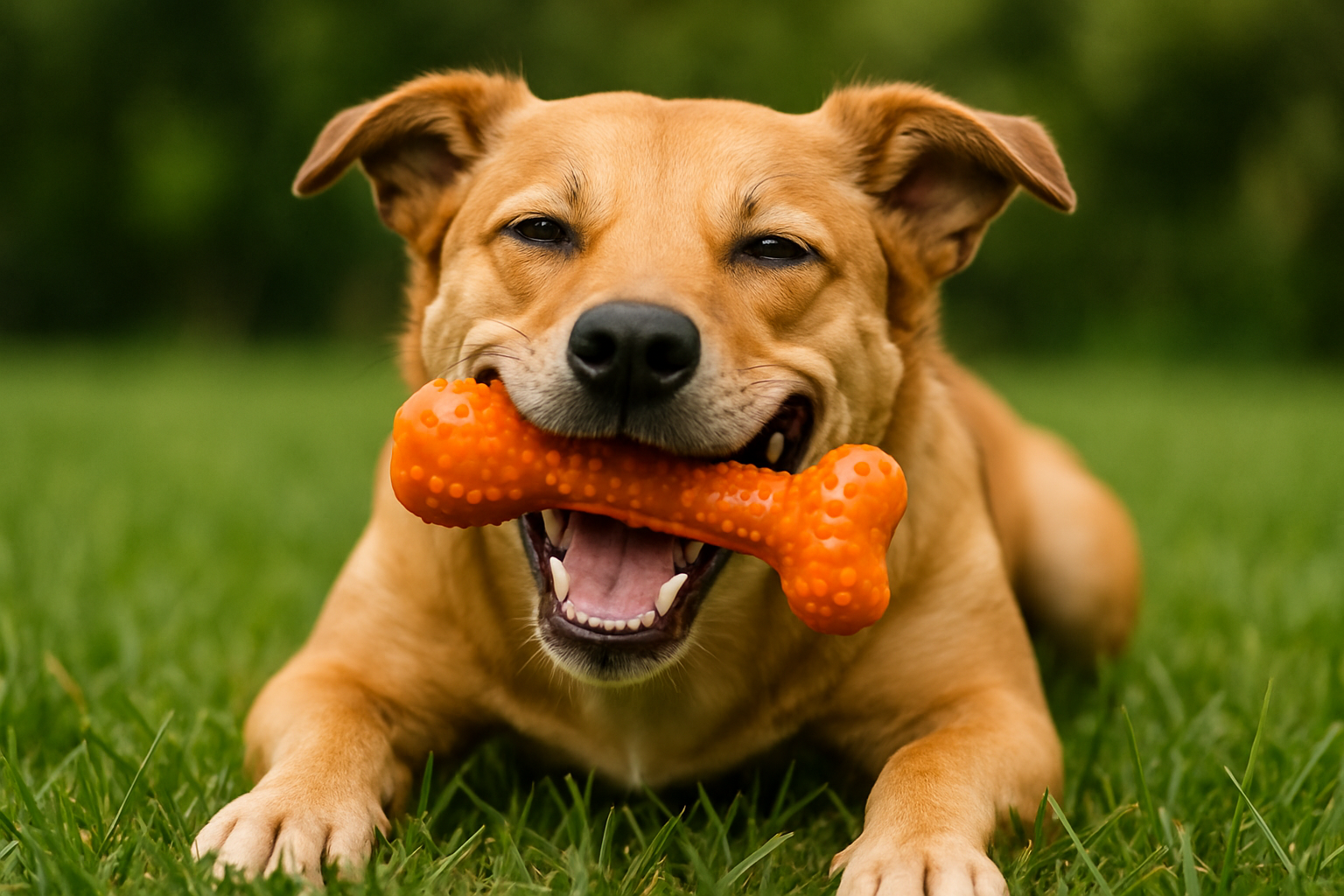 A happy dog playing with a durable chew toy.