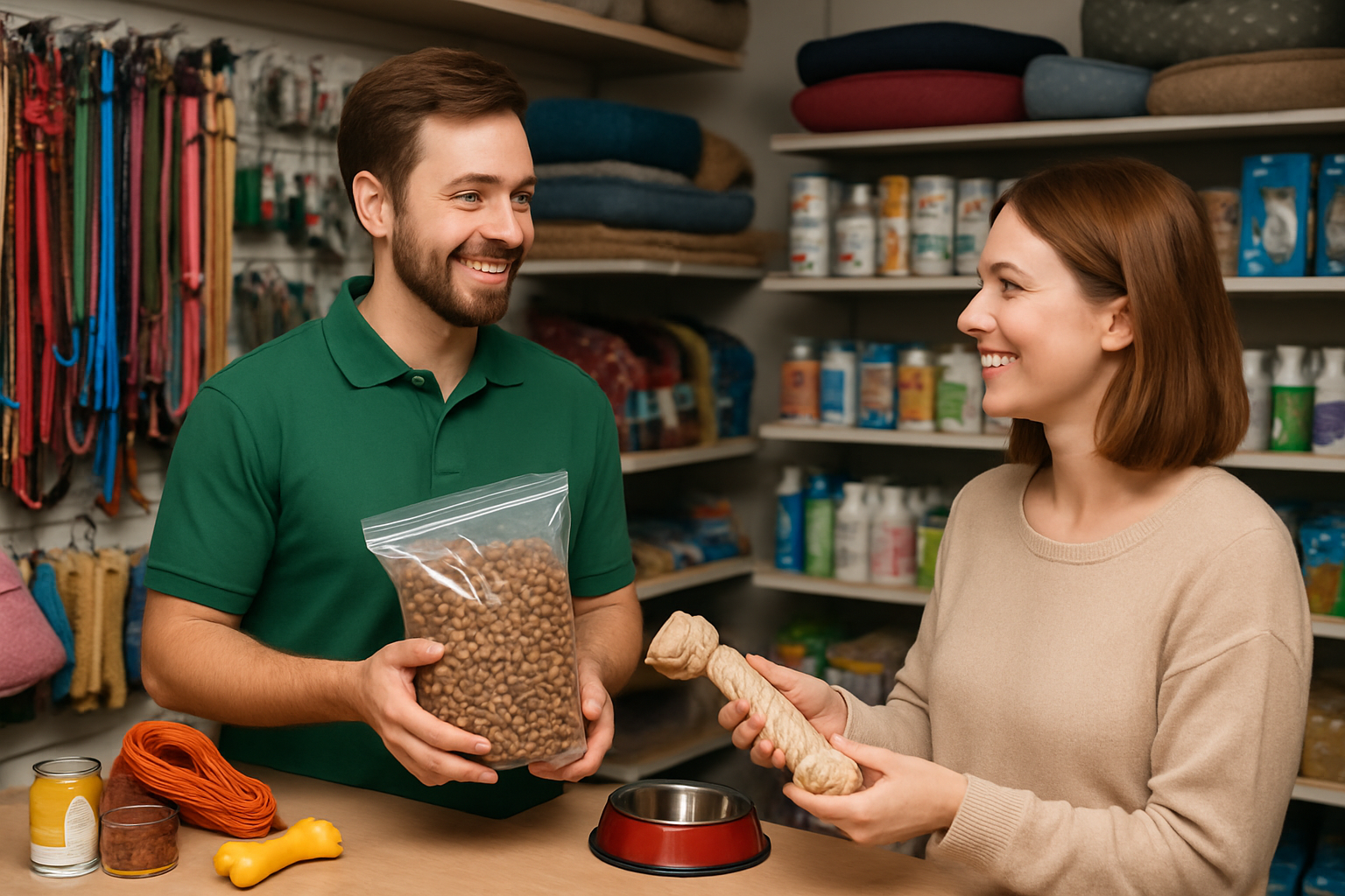 Friendly staff assisting a customer with pet supplies.