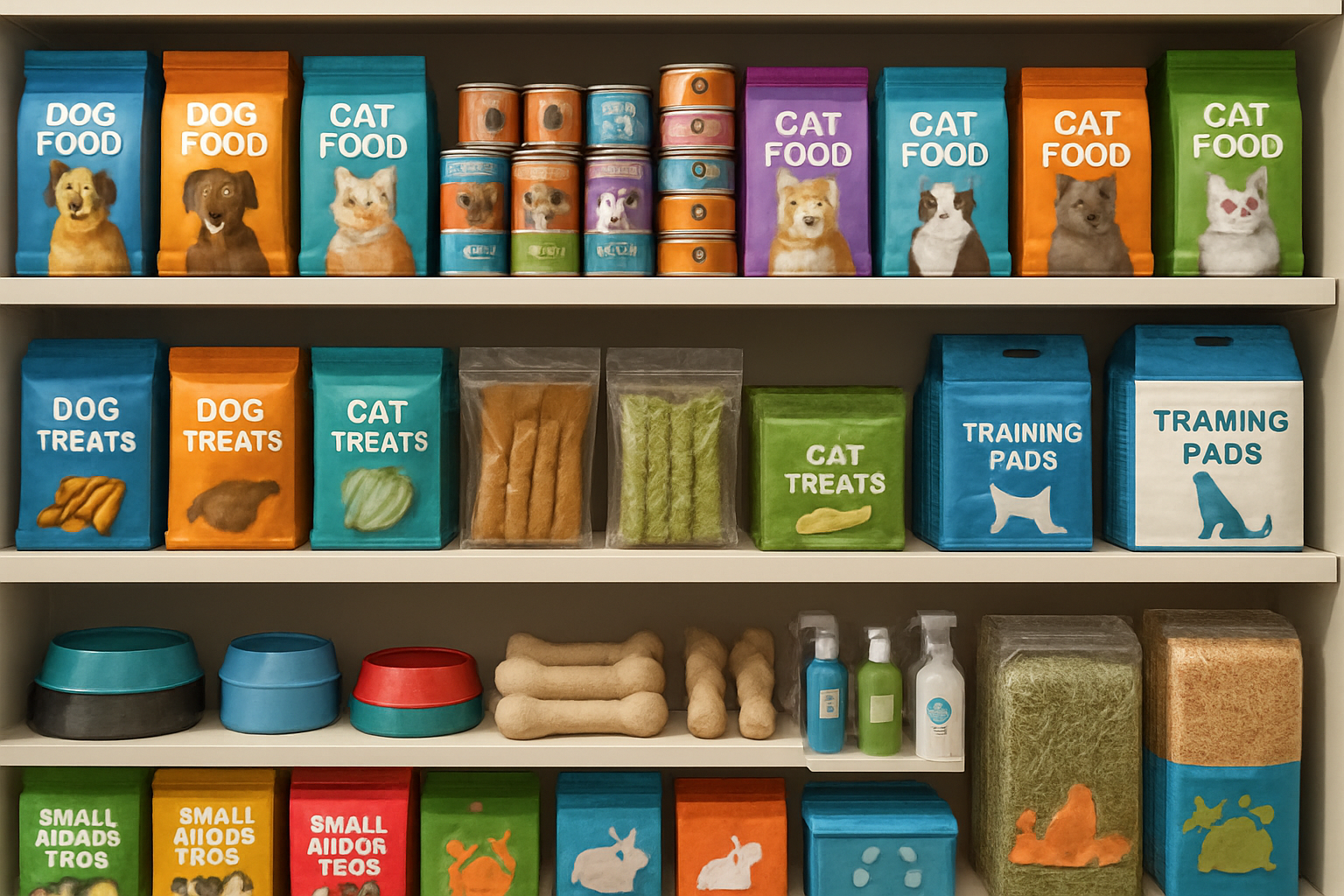 Shelves filled with various pet foods and supplies.